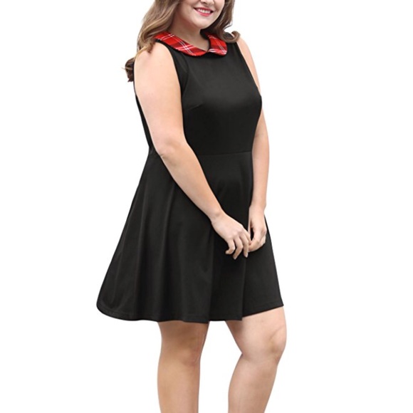 Plus Size Red Plaid Peter Pan Collard Mini Dress - Picture 4 of 7